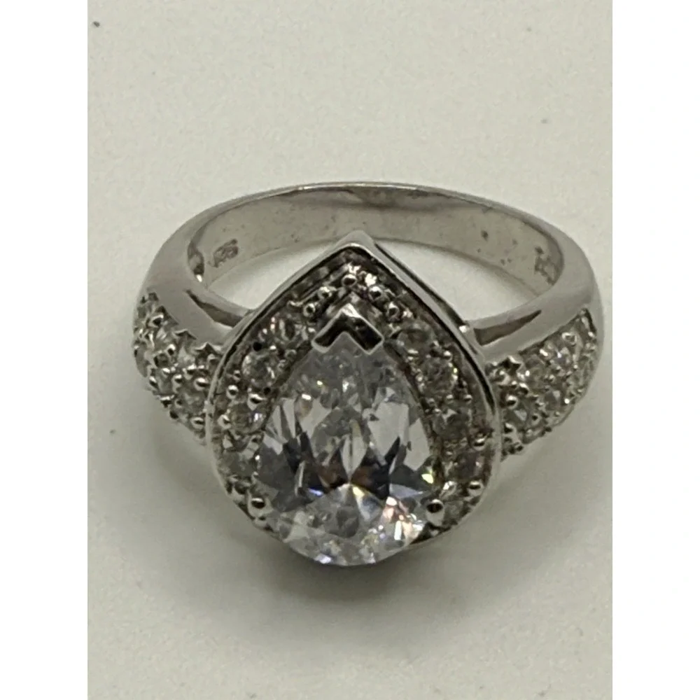 Sterling Silver CZ Ring Pear Cut Halo Cocktail Stamped RSE 925 Size 9